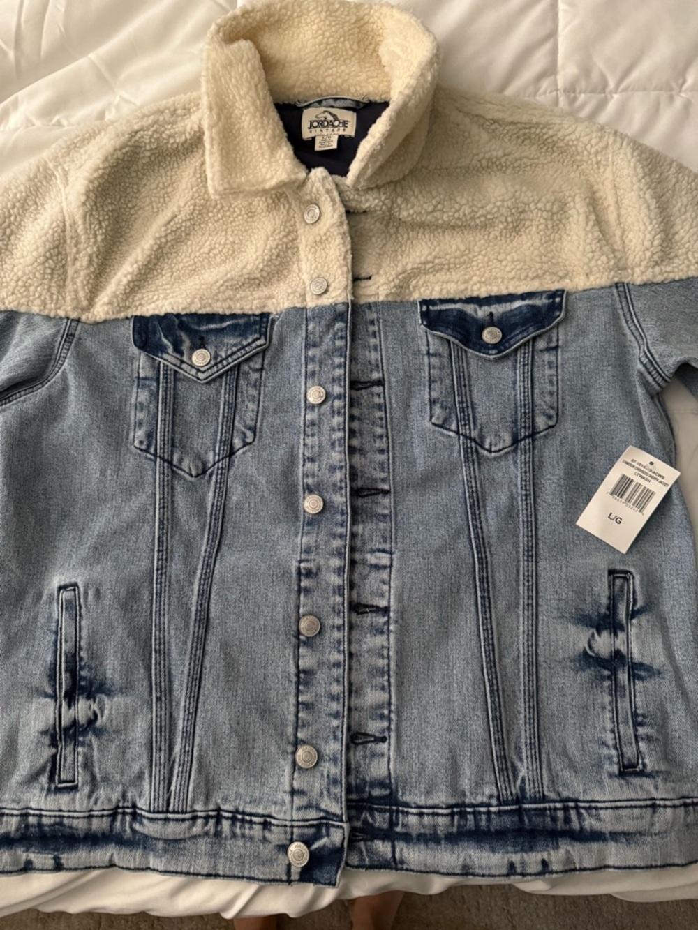 Jordache Light Wash Denim Jacket with Cream Sherpa Yoke